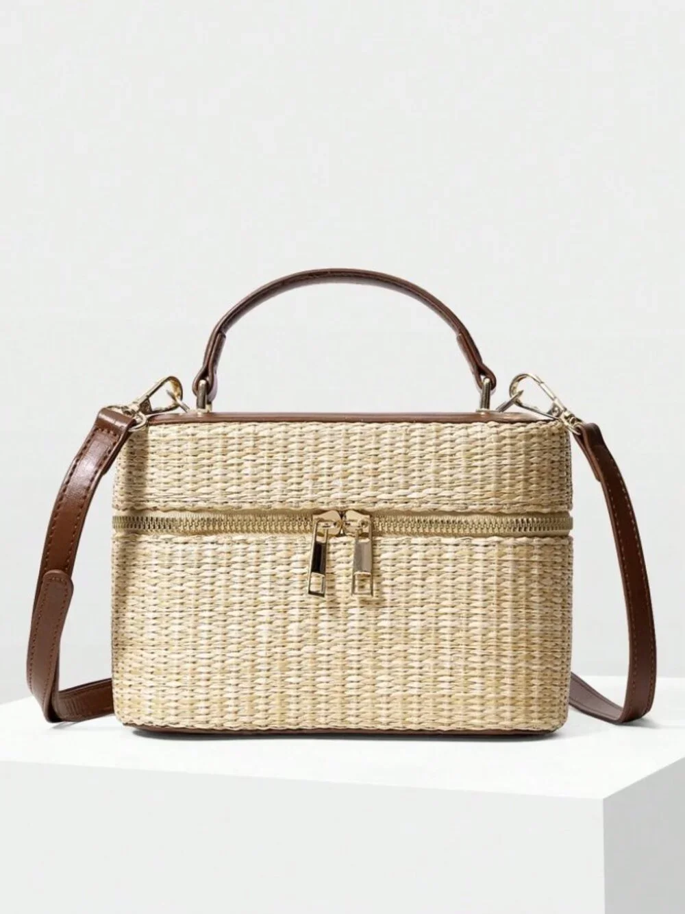 Tan Woven Straw Box Bag with Brown Trim Top Handle